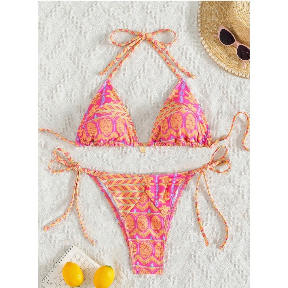 NEW Halter Bikini Set Triangle Top String Piece Boho Aztec Pink Cheeky Small - Picture 2 of 11